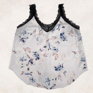 Cami XL Blue Pink Floral Lace Trim Edge Boho V Neck Romantic Lightweight Blouse